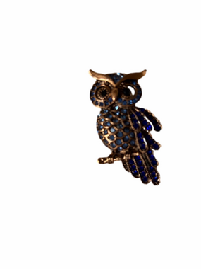 Owl broach copper tone and blue rhinestone. Retro style.